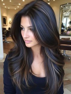 High Contrast Brown Hair, Black Hair Going Lighter, 2024 Dark Hair Trends, Lowlights Brown Hair, Black Hair With Highlights And Lowlights, Lowlights For Brunettes, Lowlights Hair Color, Dark Brown Hair With Low Lights, Black Hair With Lowlights