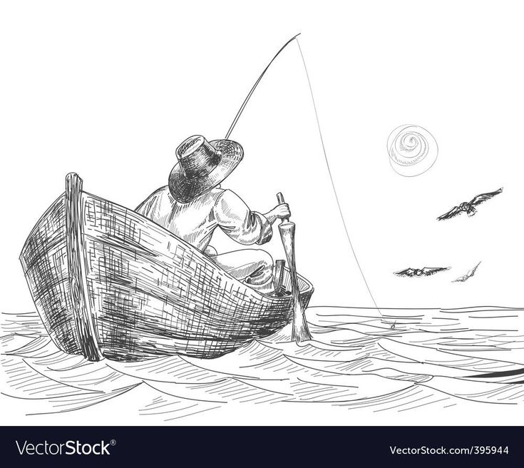 a man in a boat with a fishing rod on the water and birds flying around