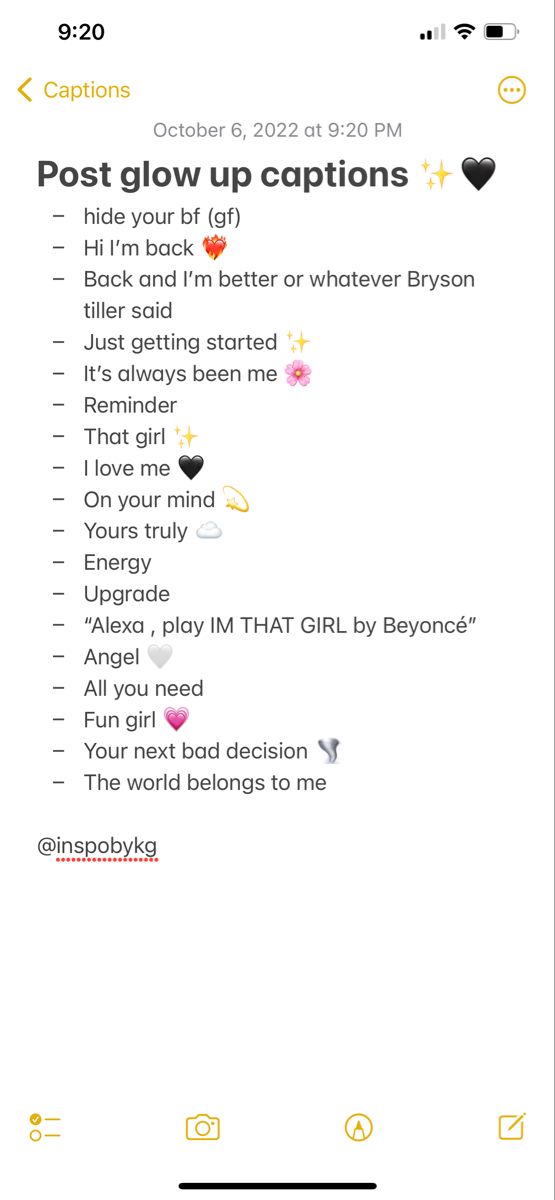 an iphone screen with the text post glow up captions in yellow and black on it