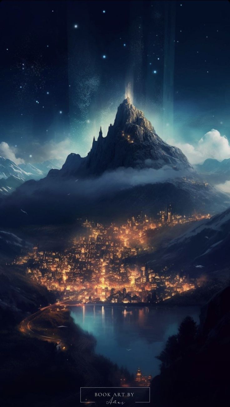 an image of a city in the sky with mountains and stars above it at night