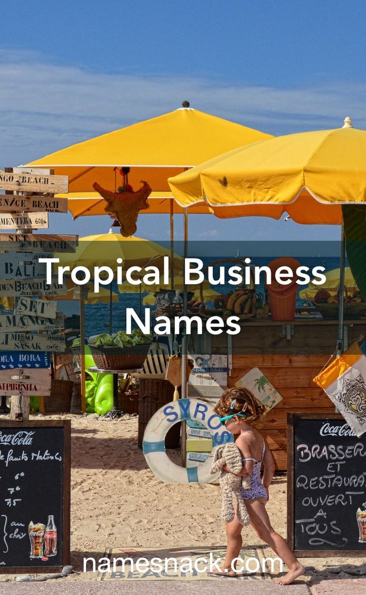 a woman walking on the beach with an umbrella over her head and text that reads tropical business names