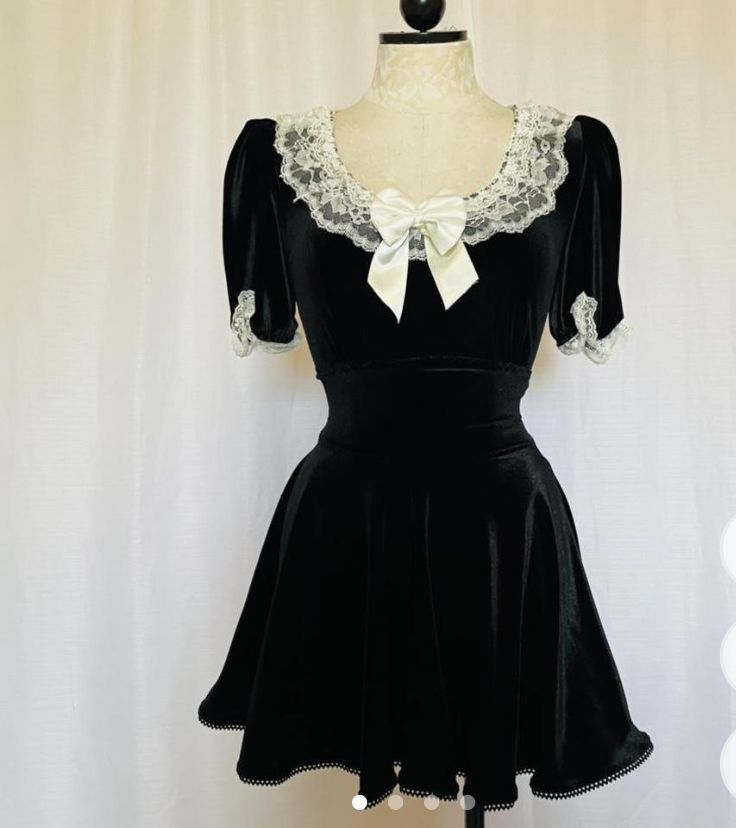 Dress With Puffed Sleeves, Fatal Frame, Grade 12, Dark Coquette, Velvet Mini Dress, Dress Stretch, Stretch Velvet, Mini Velvet Dress, Cream Lace