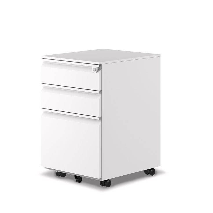 a white filing cabinet sitting on wheels