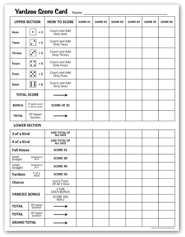 a printable score card with numbers and symbols