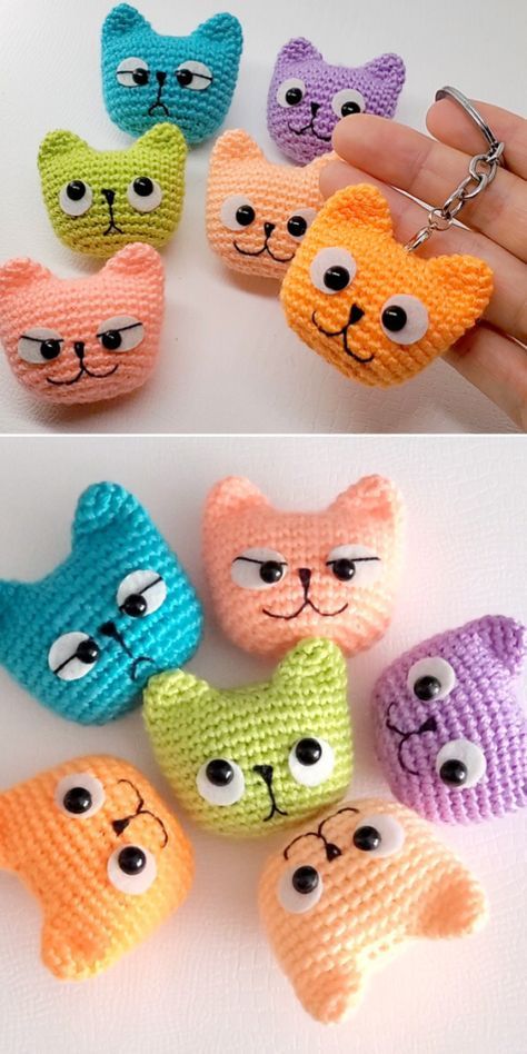 crocheted cat key fobs are shown in different colors and sizes with eyes