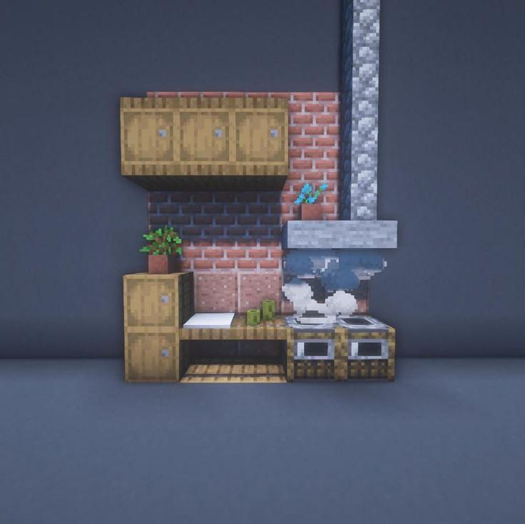 a room with a stove, sink and cupboards on the floor in front of a brick wall