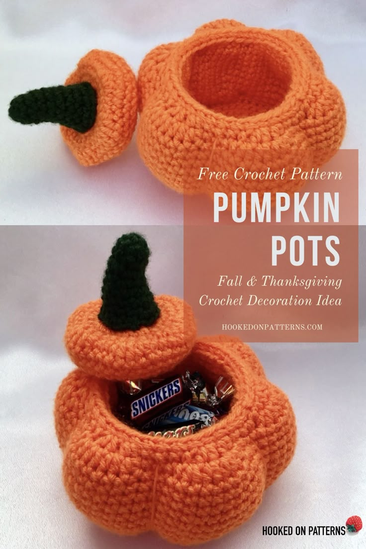 two crochet pumpkin pots with candy in them