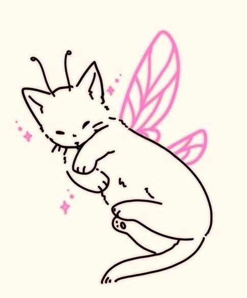 a drawing of a cat sitting on top of a mouse with a pink ribbon around it's tail