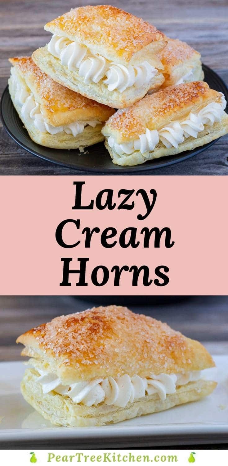 two different pictures with the words lazy cream horns on them and an image of some food