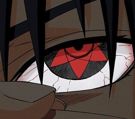 an anime character's eye with red and black markings on its iris, looking down at the ground