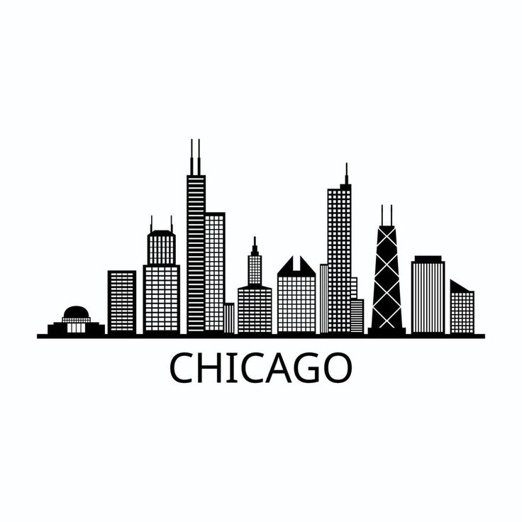 chicago skyline in black and white with the word chicago on it's left side