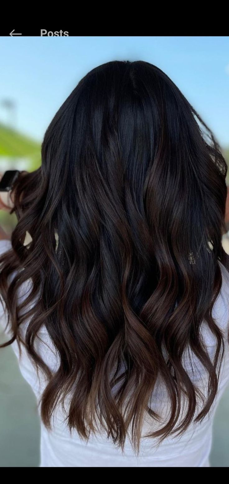 Dark Hair Lowlights Black, Dyed Tips On Brown Hair, Brown To Black Hair Ombre, Black Hair With Dark Brown Lowlights, Fall Black Hair Color, Black With Lowlights, Black Hair Brown Lowlights, Dark Brunette With Lowlights, Fall Hair Color For Brunettes Dark