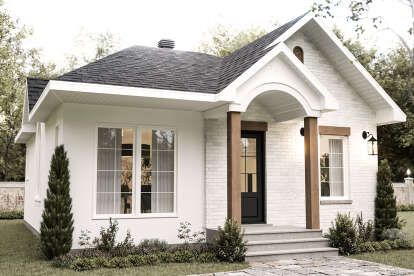 a small white house with brown trim and black shutters on the front door is shown