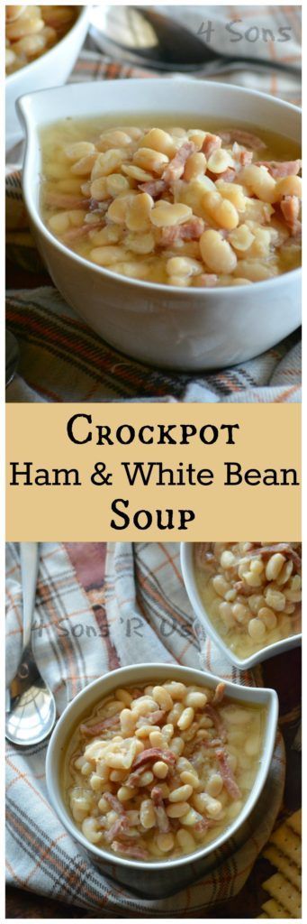 crockpot ham and white bean soup in a bowl with spoons on the side