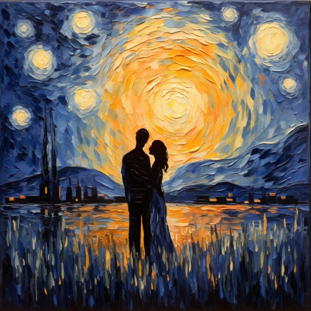 a painting of two people standing in front of a starry night