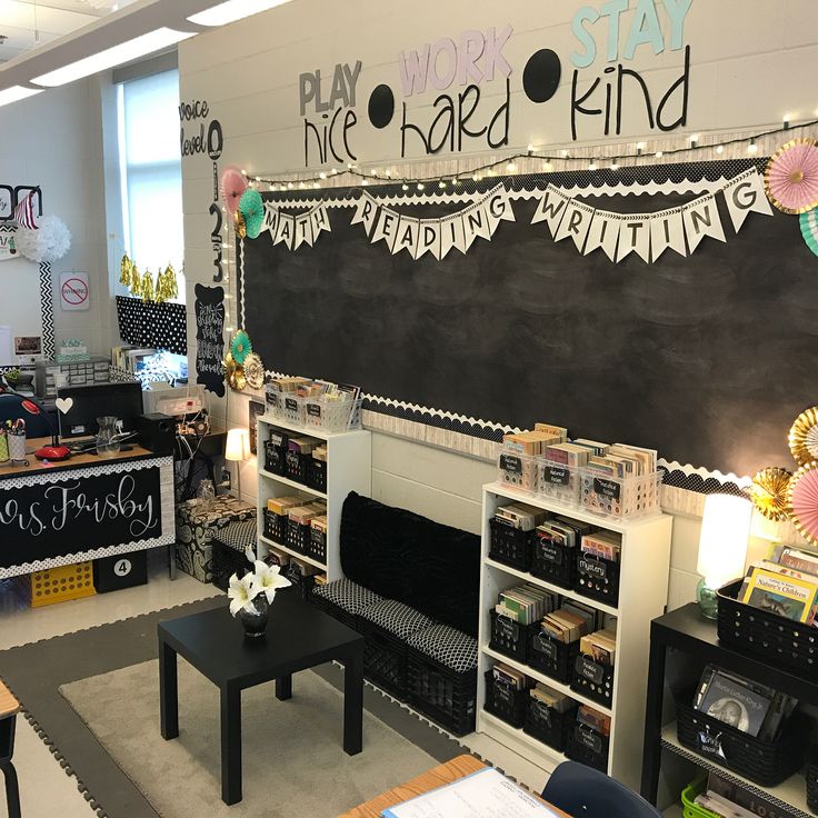 an office decorated with chalkboard and decorations