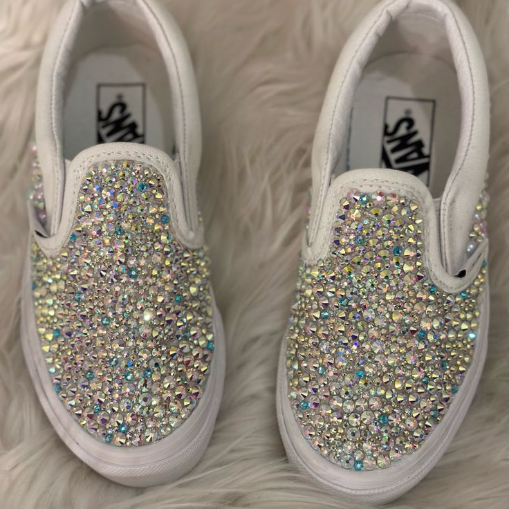 Vans Custom Can Do Any Size Any Kind Rhinestone White Vans, Vans And Wedding Dress, Bling Slip On Vans, White Slip-on Sneakers For Party, White Slip-on Party Sneakers, Bedazzled Vans, Custom White Vans, Vans Old Skool Hi, Vans Ideas