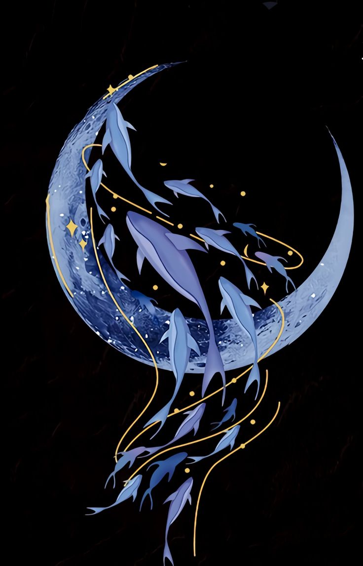 an artistic painting of a crescent moon with stars and swirls on the side, against a black background