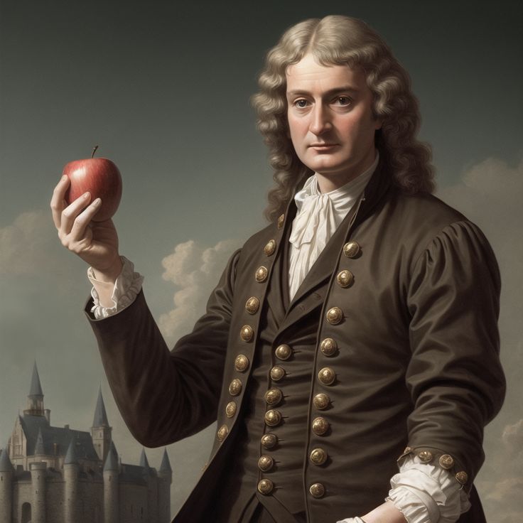 a man holding an apple in front of a castle