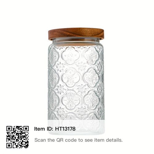 a glass jar with a wooden lid is shown on the white background and has qr code to see item details