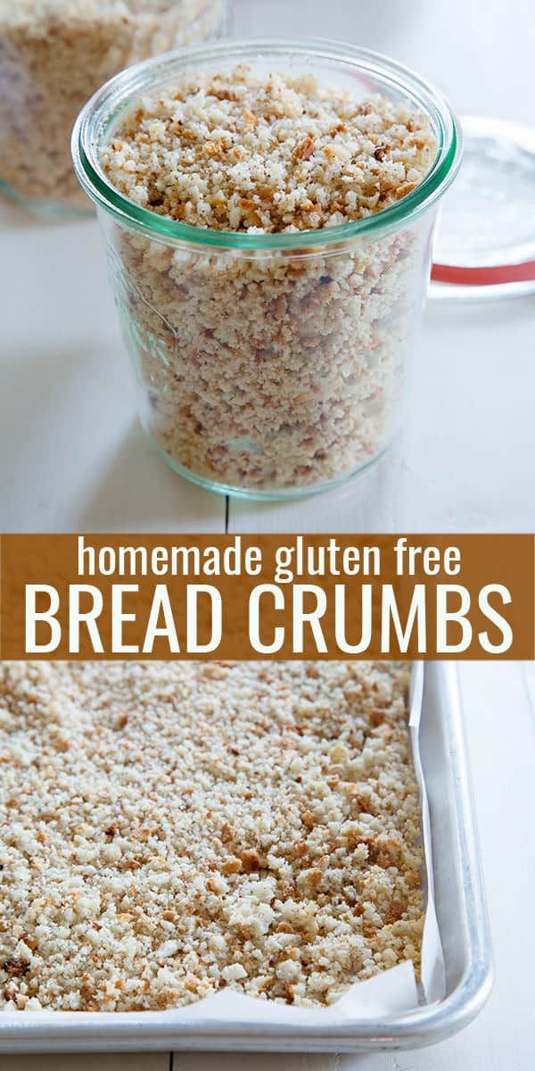 homemade gluten free bread crumbs in a glass container