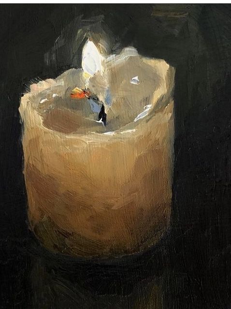 an oil painting of a lit candle on a black background