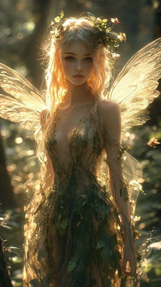 a woman dressed as a fairy standing in the woods with flowers on her head and wings