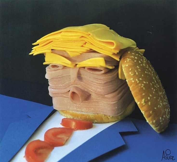 Trump sliced ham and cheese food portrait. O Asler Madara Susanoo, Food Memes, Best Sandwich, Crazy Funny Memes, Memes Humor, Food Humor, Holiday Treats, Caricatures, High Tea