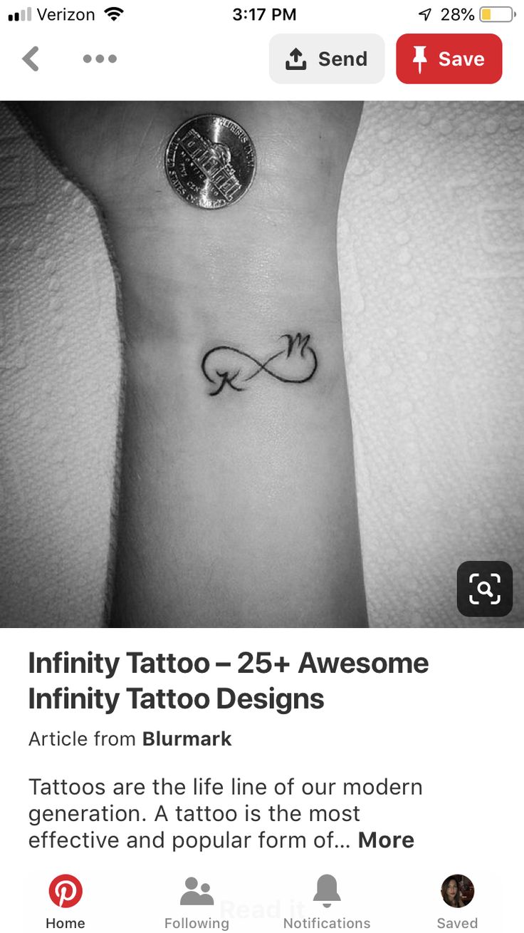 a small wrist tattoo with an infinite symbol on the left side of the arm, and two