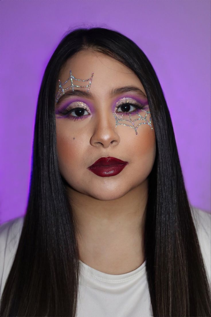 Spiderweb Makeup, Rhinestone Spider Web, Spider Web Makeup, Web Makeup, Makeup Painting, Rhinestone Spider, Rhinestone Makeup, Halloween Make Up, Halloween Make