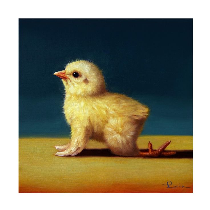 a painting of a baby chicken sitting on the ground next to a starfish shell