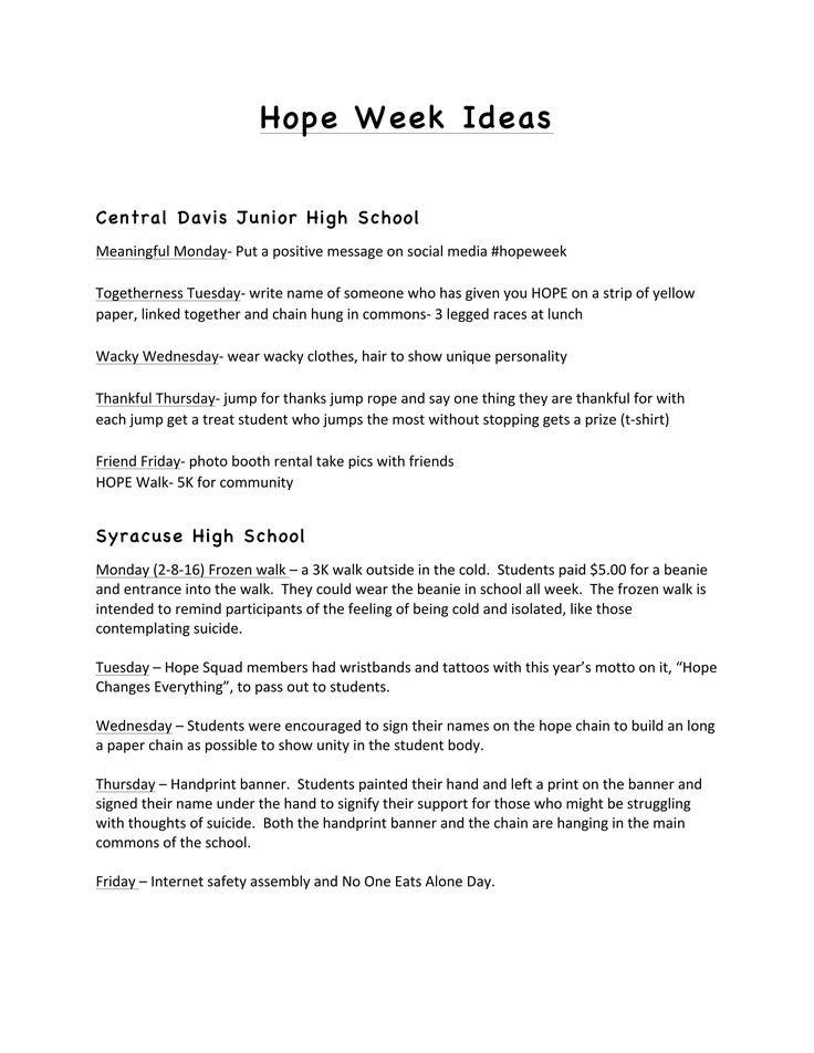 a page with the words hope week ideas written in black and white, on top of it