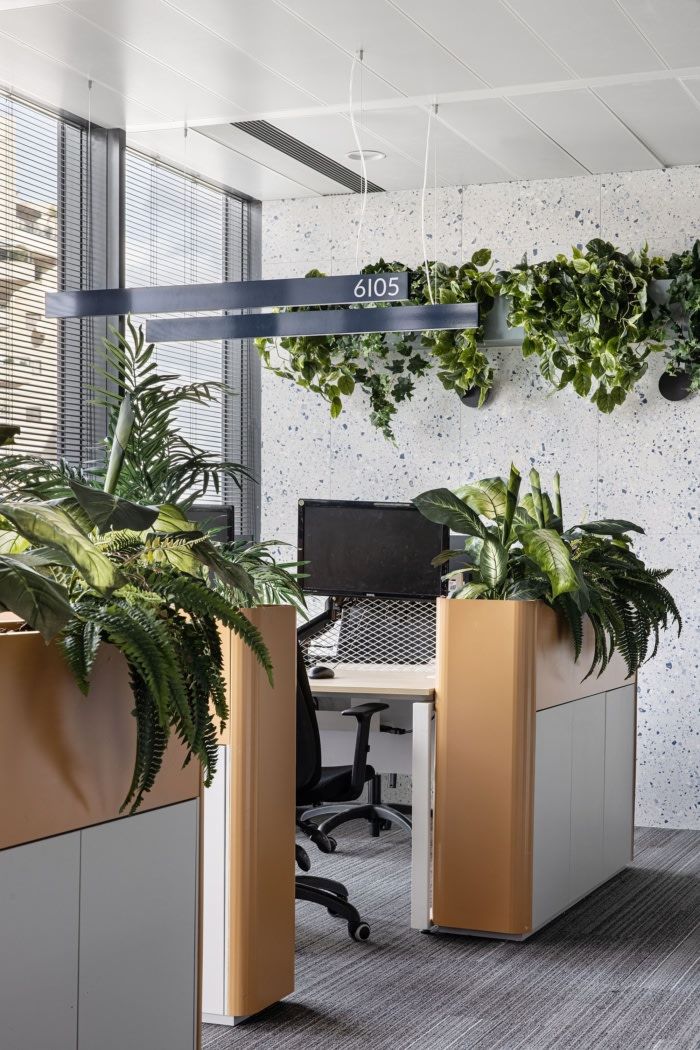 an office cubicle with plants hanging from the ceiling and two computer desks on either side