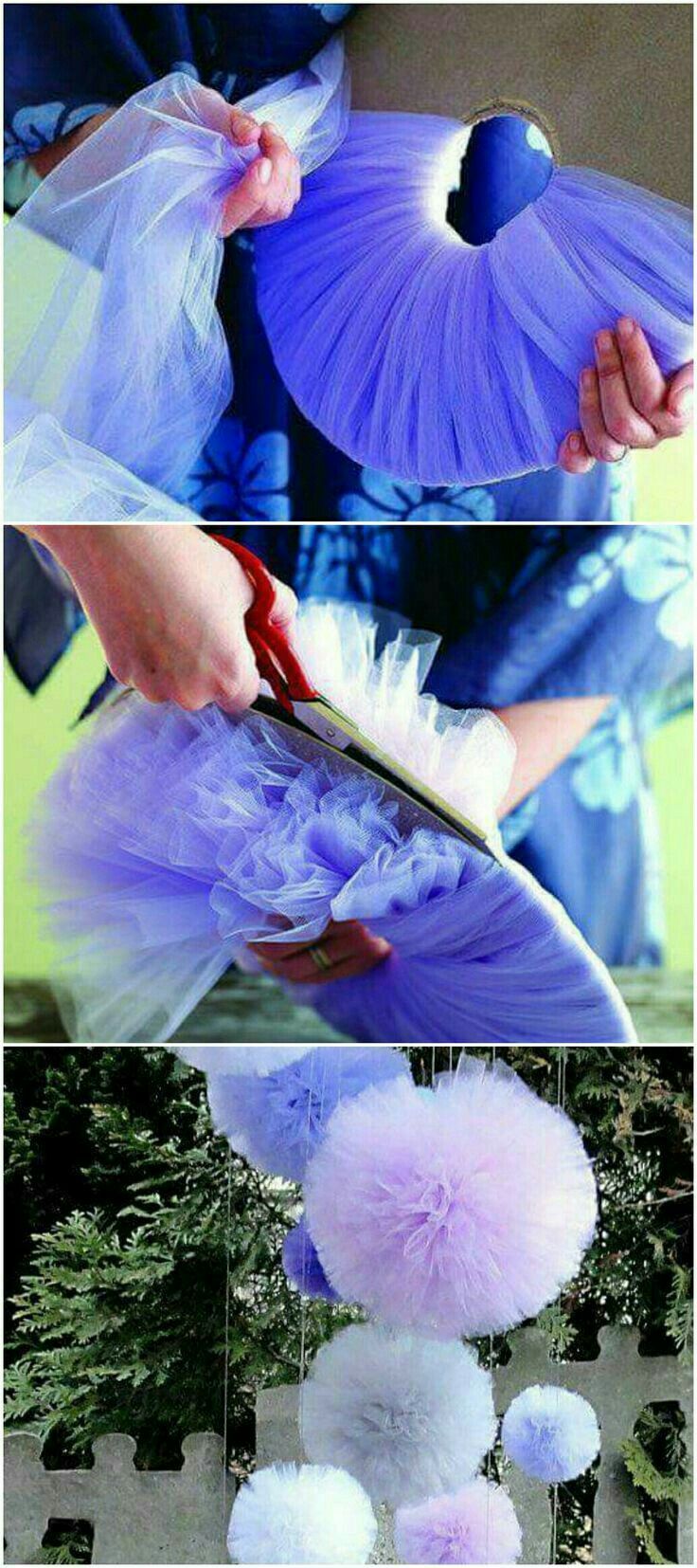 the process of making fluffy pom poms is shown in three different pictures, including one