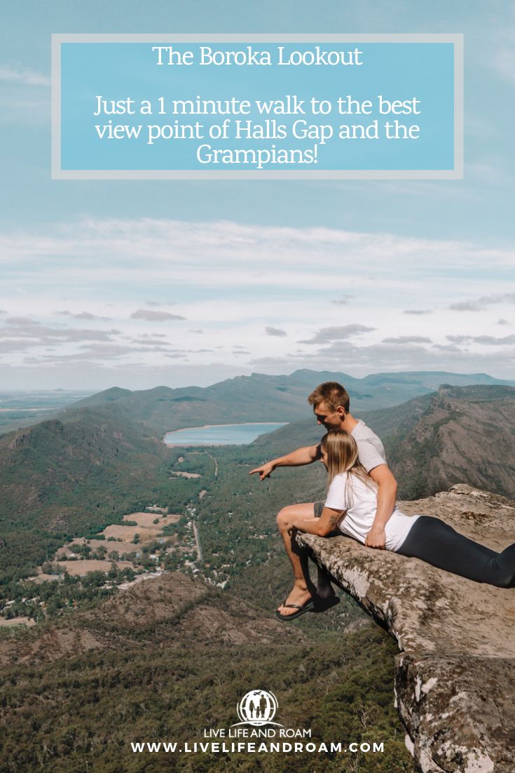 a man and woman sitting on top of a cliff with the caption, just a minute walk to the best view point of hale gap and the cragus