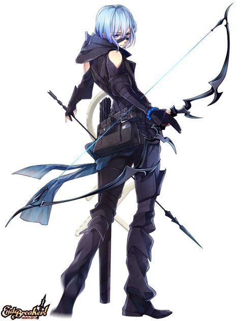 an anime character with blue hair holding a bow and arrow in one hand while standing on a pole