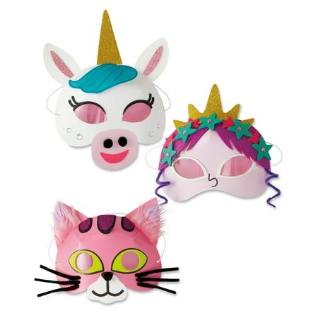 three masks with unicorns and cats on them, one is wearing a pink cat mask