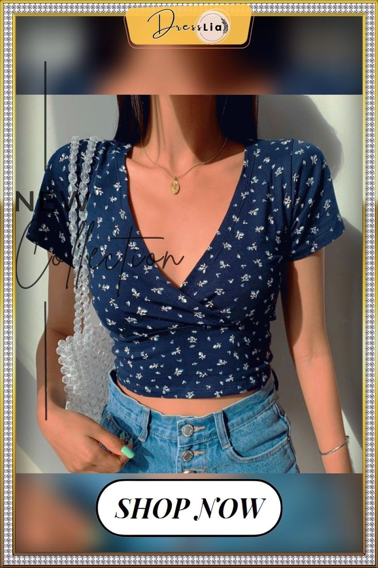 Y2k Vintage Floral Cross Crop Top T-shirt Women Cropped Slim Short Sleeve V Neck Sexy Summer Clothes Tee Shirt Femme Woman Tops Fitted V-neck Y2k Crop Top, Fitted Y2k V-neck Crop Top, Y2k V-neck Stretch Top, Blue Y2k Crop Top, Y2k Style V-neck Stretch Top, Y2k V-neck T-shirt For Spring, Y2k Summer V-neck Top, Spring Y2k V-neck Tops, Spring V-neck Y2k Tops