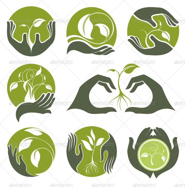 hands holding green plants and leaves - nature logo templates on separate layer for easy use