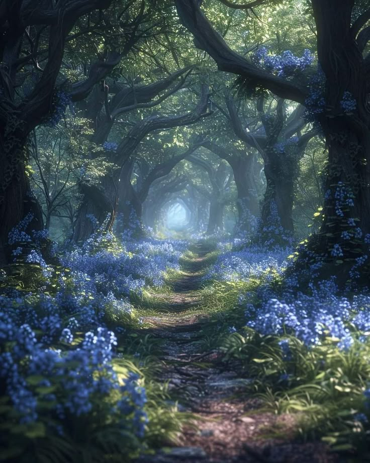 a path in the middle of a forest with bluebells growing on both sides