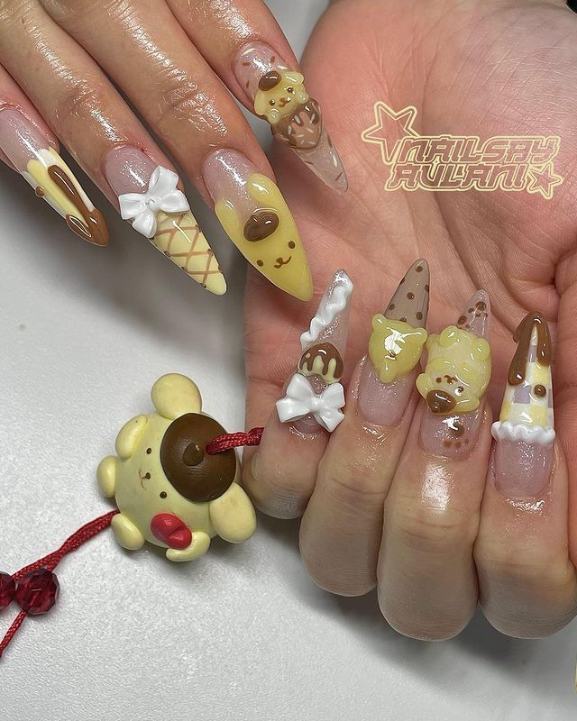 Pompompurin Nails Acrylic, San Rio Nails, Sanrio Nails Pompompurin, Cute Japanese Nail Art, Korean Gel X Nails, Pom Pom Purin Nails, Kawaii Fall Nails, Sanrio Halloween Nails, Nail Art Characters