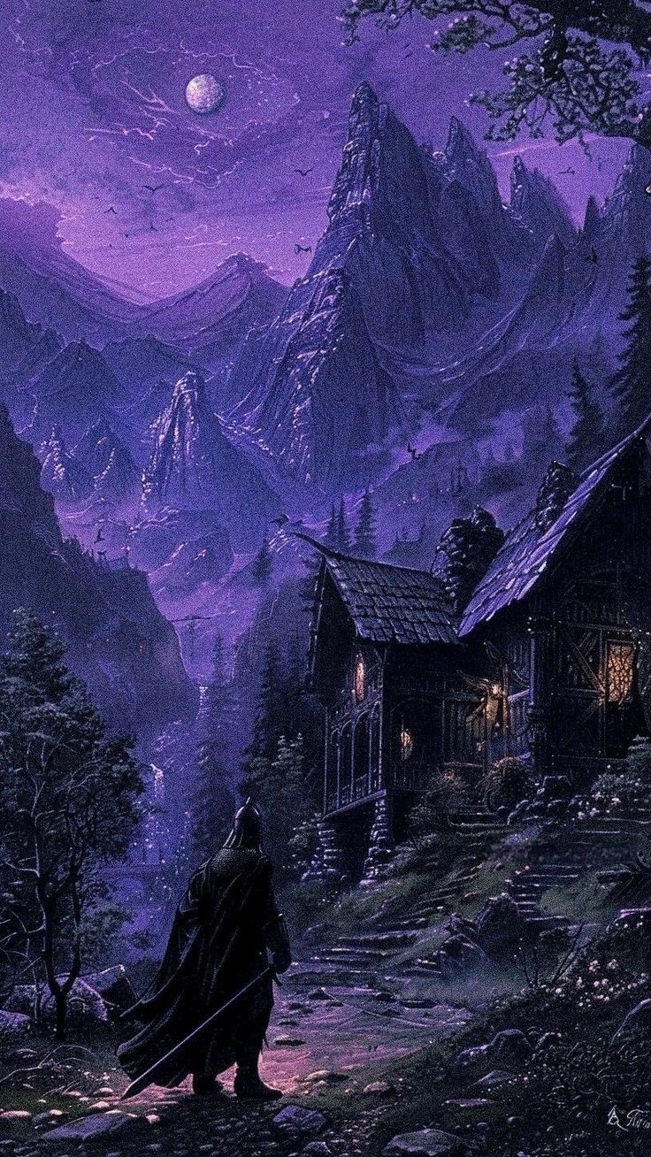 a painting of a man standing in front of a cabin on a mountain at night