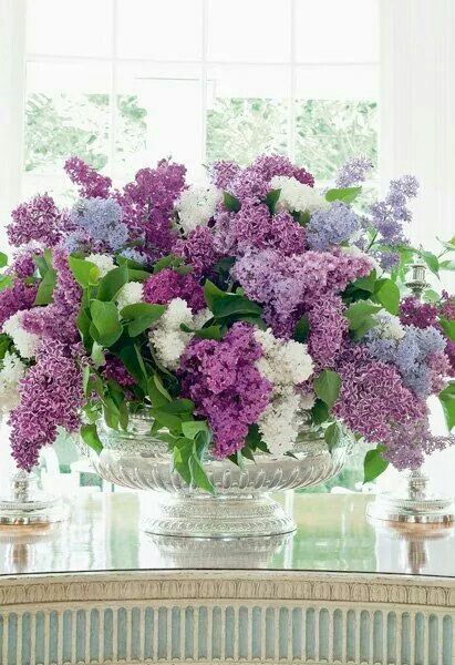 a glass vase filled with purple and white flowers on top of a table next to a window