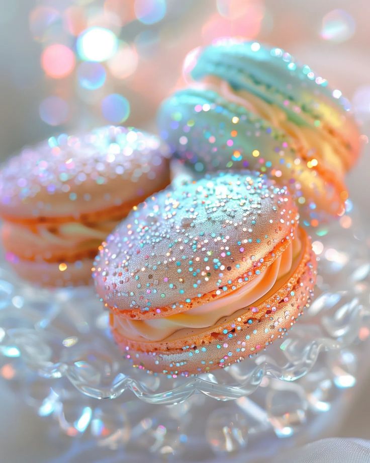 some colorful cookies on a glass plate with water droplets and sparkles in the background