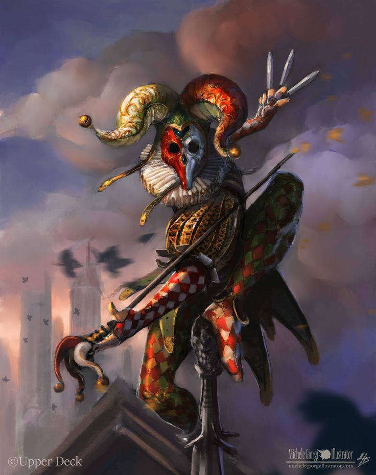 a painting of a clown holding scissors on top of a building with clouds in the background