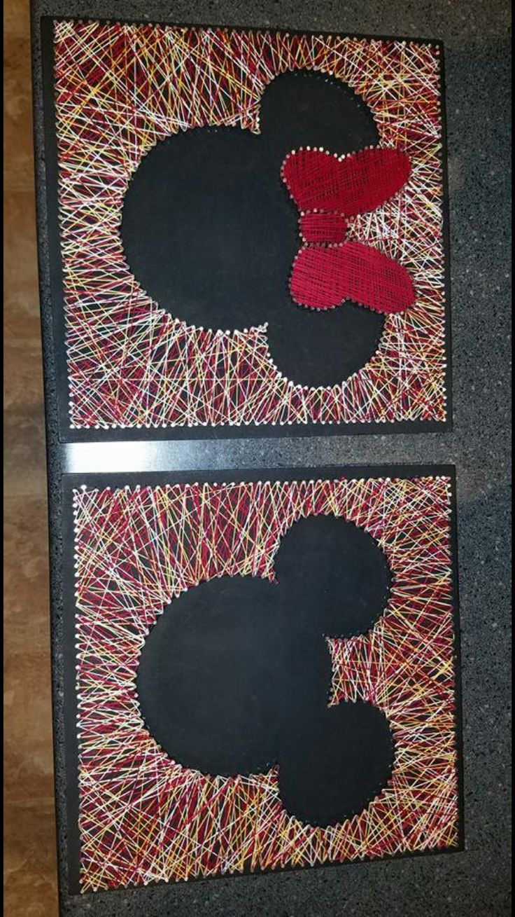 two pieces of art made out of yarn with red and black circles on the bottom