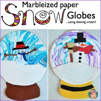 two paper snow globes with the words marbled paper snow globes