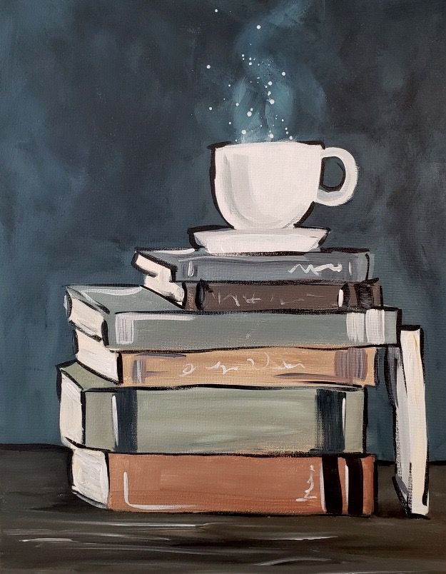 a stack of books with a coffee cup on top of them and stars in the sky above