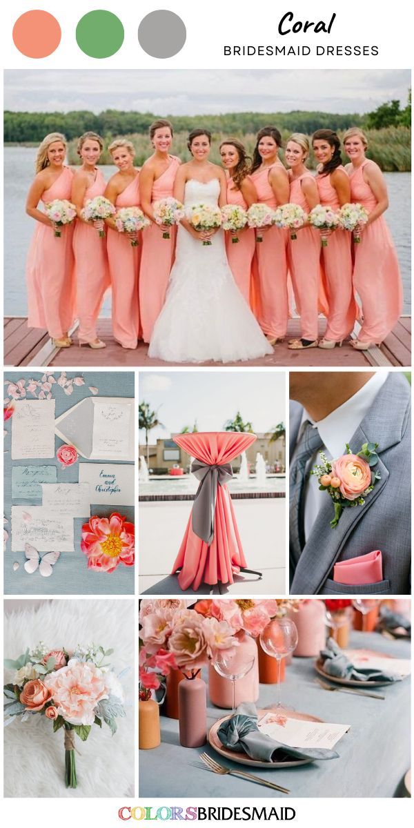 the bridesmaid dresses are peach and pink