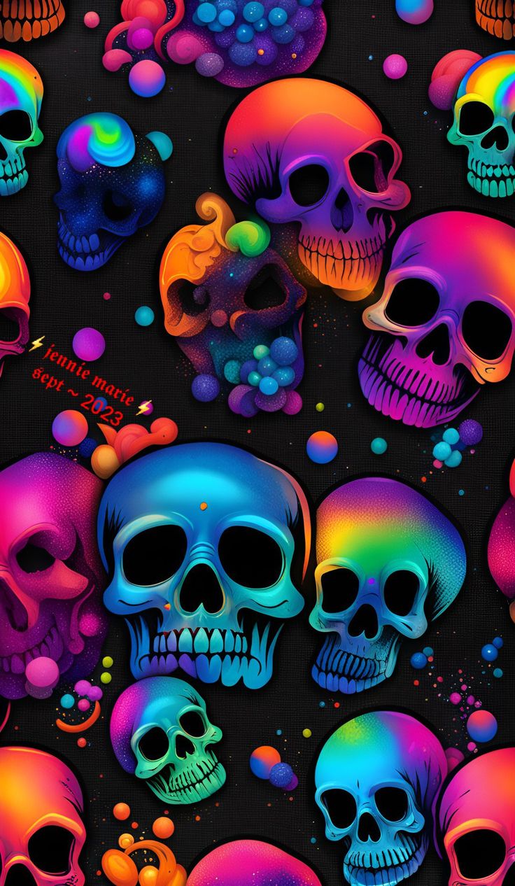 colorful skulls and bubbles on a black background